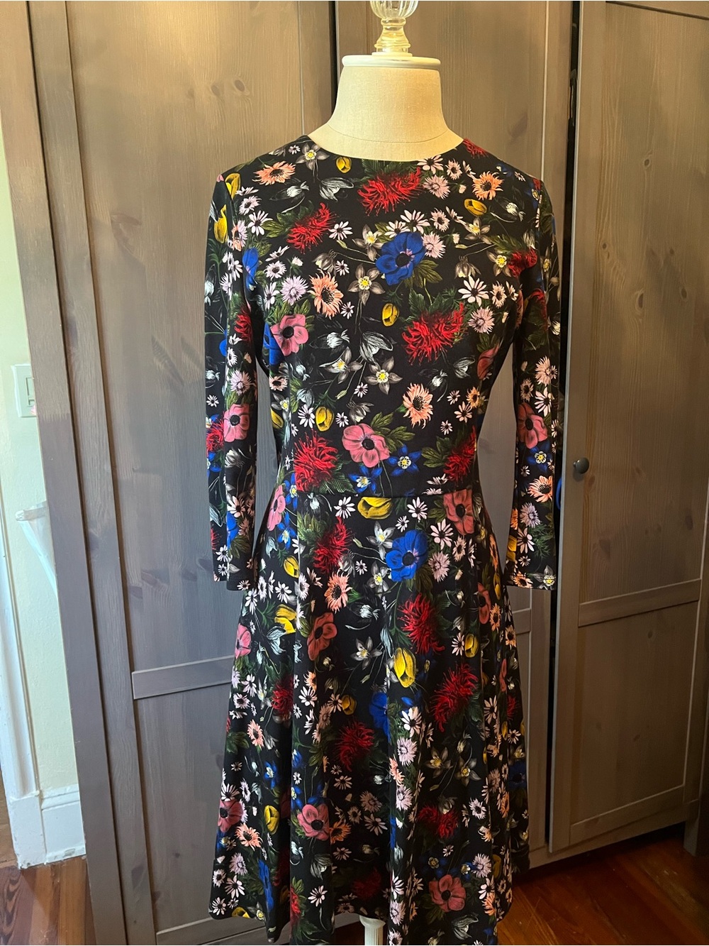 ERDEM Black Long-Sleeve Floral Midi Dress with Multicolor Blooms